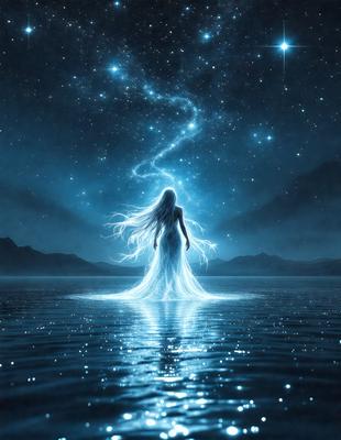 The primary subject of the image is a woman standing in the water, with her hair flowing in the breeze. The setting is a nighttime scene with a starry sky, creating a serene and magical atmosphere. The visual style is a digital art, with the woman depicted as a silhouette against the backdrop of the night sky. The colors and mood are predominantly blue and white, with the starry sky adding a sense of wonder and tranquility to the scene.